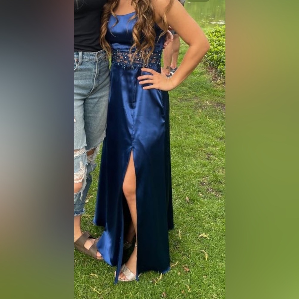 Elegant Royal Blue Satin Prom Dress – Beaded Waist & High Slit - Picture 2 of 3